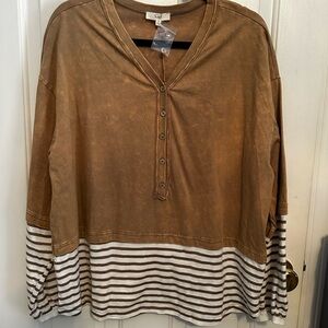 Easel Mineral Wash Brown Striped Long Sleeve Top *NEW WITH TAGS*